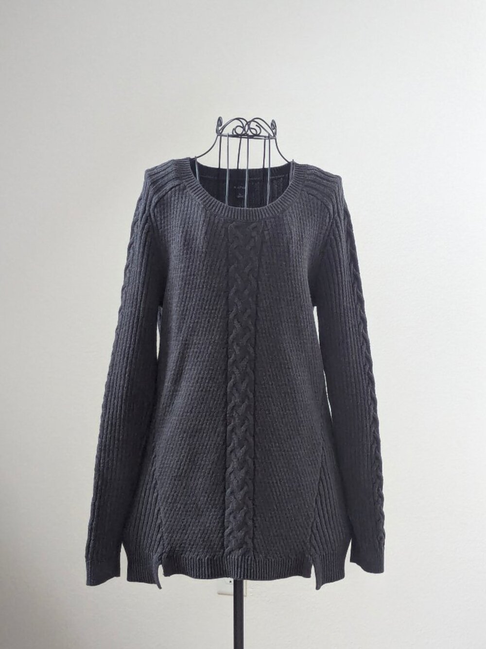 Nautica Cable Knit Sweater Women L Gray 100% Cotton Raglan Crewneck